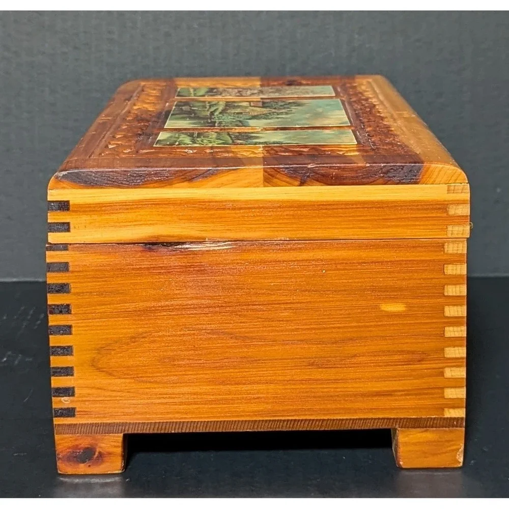 Vintage Hand Carved Cedar Wood Jewelry Keepsake Box Cottage Landscape 11